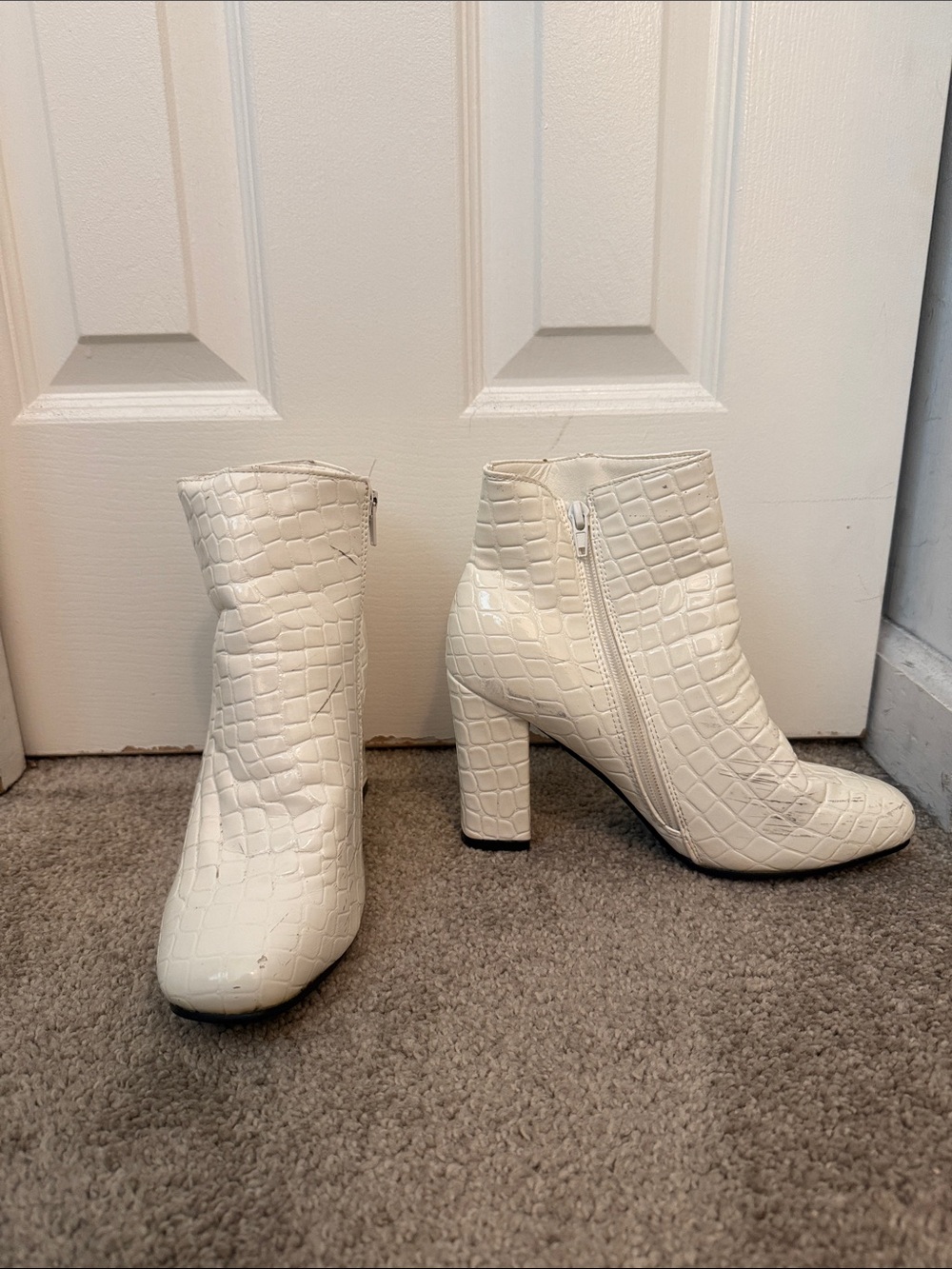 Nasty Gal White Croc-Embossed Block Heel Ankle Boots